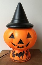 Vtg MCM Halloween Blow Mold Light Pumpkin Jack-O-Lantern with Witch Hat Bats Cat picture