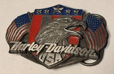 1988 Vintage Siskiyou Harley Davidson Buckle  Eagle USA Flags Red & Blue Enamel picture