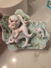 Vintage ENESCO MERMAID GIRL ON DOLPHIN Anthropomorphic Ceramic Wall Hanging picture