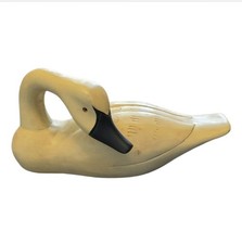 Vintage Hand Carved Wooden Swan Distressed White Cream Finish Decoy Decor picture
