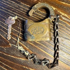 Antique Fraim Brass Padlock w/ Rare Ornate Keystone Lock Works Key 3422 & Chain picture