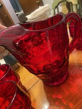 Vintage Duncan & Miller 1950s Georgian Ruby Red Glass Pitcher Ice Lip Honeycomb picture