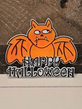 Vintage 1980s Halloween Orange Bat Happy Cake Topper Plastic Retro NOS Festive picture
