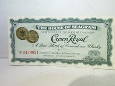 Crown Royal Certificate Of Registration Seagrams Pre- Import 1960s -Wrinkled picture