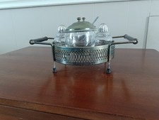 Vintage Silver Plated Condiment Caddy Set Glass Jam Jars Salt Pepper Shakers picture