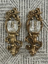 Set of 2 VTG 1971 HOMCO Wall Candle Sconces Hollywood Regency Gold Ornate #4118 picture