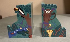 VTG Wood GreenJungle Scene Bookends Children Folk Art 7.5x5