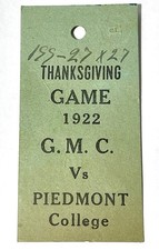 RARE 1922 FOOTBALL TICKET- PIEDMONT COLLEGE vs G.M.C. -GEORGIA MILITRARY COLLEGE picture