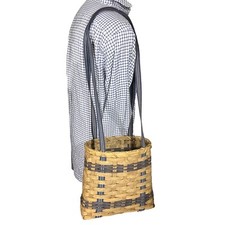 Vtg Signed Lenny 1996 Hand Woven Wood Market Basket Tote Canvas Straps 12” picture