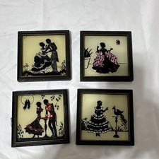 Vintage Reverse Painted Convex glass silhouette pictures set of 4 4.5”x4.5” picture