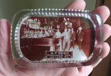 ANTIQUE 1909 GLASS SALOON SCENE PHOTO PAPERWEIGHT A.F.REED 3rd St PORTLAND,ORE picture