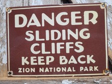 VINTAGE ZION NATIONAL PARK PORCELAIN SIGN RARE OLD FOREST SERVICE DANGER CLIFFS picture
