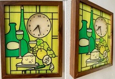 Vtg.Intercraft Stained Glass Antique Wall Fruit Wine Cheese Quartz Clock 15”X15” picture