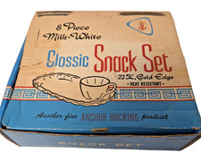Vtg. Anchor Hocking 8 pc.Milk-white Classic Snack Set 22K Gold Edges, Orig Box picture