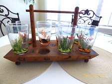 RARE VINTAGE BLAKELY OIL & GAS ARIZONA CACTUS CLEAR GLASS TUMBLERS *WOOD TRAY*** picture