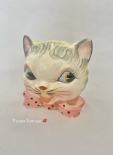 VINTAGE 1950'S HAND PAINTED KITSCHY CERAMIC CAT FACE STRING & SCISSOR HOLDER picture
