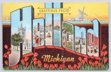 Greetings From Holland Michigan Large Letter Tulip Time Windmill c1940 Postcard picture