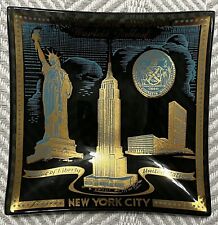 New York City Smoke Glass Dish Blue Gold Trinket Tray Souvenir 5x5in Vintage MCM picture