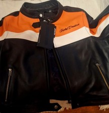 Harley-Davidson Black Orange White Leather Motorcycle Jacket with Logo picture