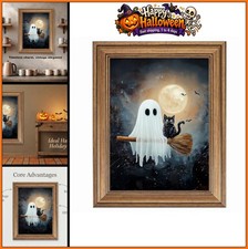 Framed Halloween Art Cute Ghost Black Cat Full Moon Spooky Decor 12x9 picture