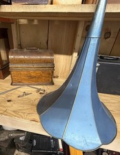 Antique Edison Home Cylinder Phonograph Oak Case Blue Horn & Crane For Repair picture