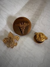 3 Vintage Pins Lot – BSA Boy Scout Fleur‑de‑Lis, Medical Caduceus, Veteran Eagle picture