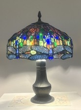 Antique 24” Rainaud Lamp With Stained Glass Dragonfly Lamp Shade picture
