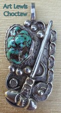 Vintage ART LEWIS Choctaw Coin Silver Turquoise TOMAHAWK Motif Necklace Pendant picture