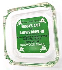 Vintage Texas Advertising Glass Ashtray Boggys Cafe Ralphs Drive In Palestine TX picture