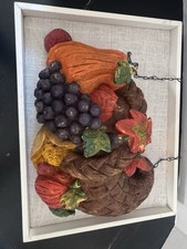Vtg 1970s Cornucopia Wall Plaque Fruit Thanksgiving Fall Harvest Decor Chalkware picture