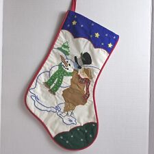 Vintage House Hatten Christmas Stocking Embroidered Applique Boy with Snowman picture