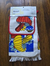 Vintage 70s Riegel MUSHROOM red DISH TOWEL SET blue FLOWER POWER kitchen - NOS picture