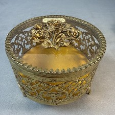 Antique Victorian Brass/24k Glass Rose Footed Trinket Jewelry Box 4