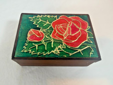 Vintage Wood Jewelry Box Red Rose Faux Stained Glass Foil Top Trinket Case picture