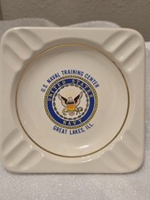 Vintage US Navy Great Lakes Naval Training Center Ceramic Ashtray Gold Trim picture