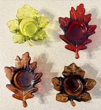Set 4 Vintage Glass Leaf Candle Votive Holders Fall Harvest Thanksgiving Decor picture