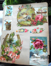 1876 Antique Scrapbook Page-SCRAPS ON BOTH SIDES - CALLING CARDS, BIRDS & MORE picture