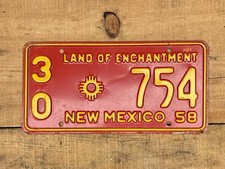 Vintage 1958 New Mexico Red & Yellow County Auto License Plate Number #30 754 picture