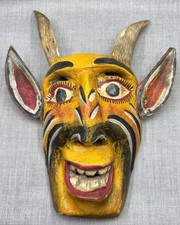 Vintage Guatemalan Carved Wood Diablo Devil Mask Horns Mexican Folk Art Dance 9