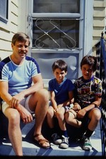 c1980's 35mm Slide, Father Sons Porch Steps Suburban Home Portrait blue navy picture