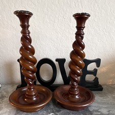 2 Antique Vintage Barley Twist English Candlestick Holders 12.5 Inches Tall picture