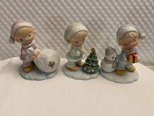 Vintage Homco Set Of 3 Christmas Figurines - 5613 - Children - Snowman Xmas Tree picture