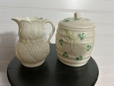 Pair vintage Belleek porcelain pitcher & shamrock barrel with lid ribbon lot picture