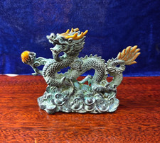 Vintage Chinese Dragon Sculpture, Pearl Coin Base Feng Shui Collectible Ornament picture