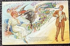 Antique Nash H-12 Embossed Halloween Postcard Witch Courtship Romance Imps c1910 picture