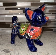 Talavera Pottery Chihuahua Figurine Figure Cobalt Blue Floral picture