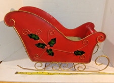 Vintage Metal Sleigh Red with Applied Green Holly Leaves & Berries 16 in x 11 in picture