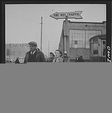 Baltimore Maryland 1940s Workers Catching Streetcar One Way Traffic Sign picture
