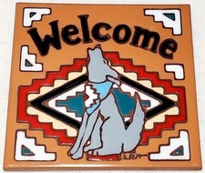 Earthtones Coyote Welcome Southwest Ceramic Art Tile Trivet Made in USA 4225R picture