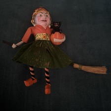 Hanging D Blumchen Halloween Witch Ornament w/ Broom and Pumpkin with Black cat picture